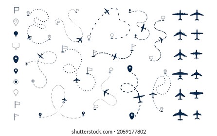 Aircraft routes. Aviation dotted journey, plane flight lines. Airplane silhouettes, line paths and destination points. Flying ways recent vector set