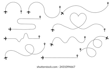 Aircraft routes dotted lines. Plane with track collection. Plane path set.  Travel path icon set. Location for travel, dotted road map with destinations. Vector illustration isolated