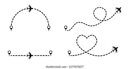 Aircraft routes dotted lines. The Sky. Airplanes flight with dotted trace. Tourism and travel. Tourist route by plane. Airplane track to point with dashed line way