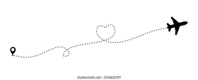 Aircraft routes. Travel vector icon with airplane. Moving from the starting point and tracing the dotted line. Journey vector illustration