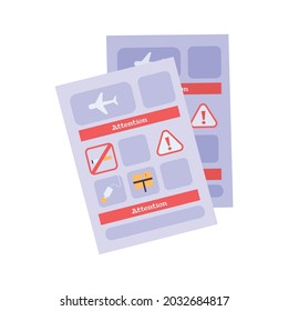 Tarjetas de información sobre seguridad para aeronaves sobre la ilustración de los vectores planos de fondo blanco