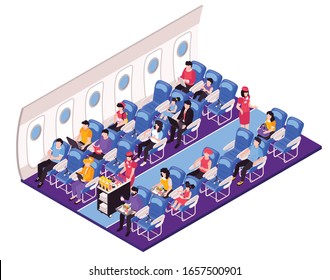 Aircraft Salon Interior Isometric Composition With Cabin Crew Attendants Stewardess Serving Passengers Meal During Flight Vector Illustration 