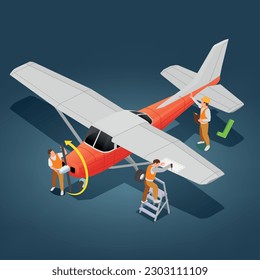 Aircraft service isometric concept with retro airplane maintenance vector illustration