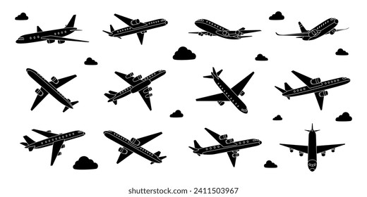 Equipo de aviones. Transporte aéreo. Símbolo de vuelo aéreo. Aviones de pasajeros. Ilustración vectorial.