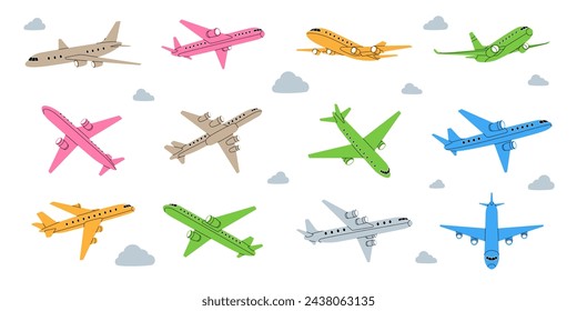 Aircraft set. Air transport. Air flight symbol. Passenger airplanes. Vector illustration.