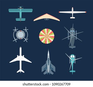 Aircraft - set of modern vector elements isolated on dark background for creating your own images. Top view position of different transport types, planes, parachute, helicopters, drone, hand glider