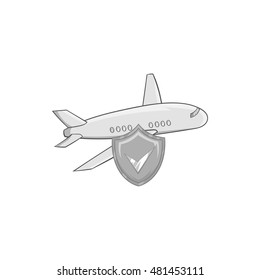 Aircraft and shield with tick icon in black monochrome style on a white background vector illustration