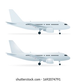 Aircraft side view. Realistic passenger planes vector illustrations set. 