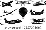 Aircraft Silhouette Bundle Featuring Airplane Helicopter Glider Hot Air Balloon Seaplane and Cargo Transport Aviation
