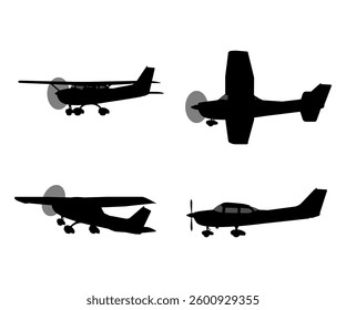 Aircraft Silhouette Collection for Design and Flight Illustration
Four black silhouettes of a light propeller plane shown from different angles and perspectives.