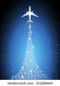 Aircraft Silhouette Flying Over Blue Sky and Releasing Silver Stars Forming Christmas Tree