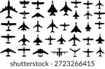 Aircraft silhouette vector set, military and commercial airplane icons, aviation design collection, black plane shapes for illustration