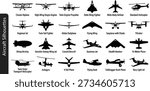 Aircraft silhouettes icons vector set in black style, including biplane, single engine, twin engine, jet airliner, fighter jet, stealth bomber, glider, flying wing, seaplane, tiltrotor, helicopter and ultralight plane, ideal for aviation posters, pilot training, infographics and travel graphics.