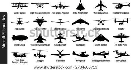 Aircraft silhouettes icons vector set in black style, including biplane, single engine, twin engine, jet airliner, fighter jet, stealth bomber, glider, flying wing, seaplane, tiltrotor, helicopter and ultralight plane, ideal for aviation posters, pilot training, infographics and travel graphics.