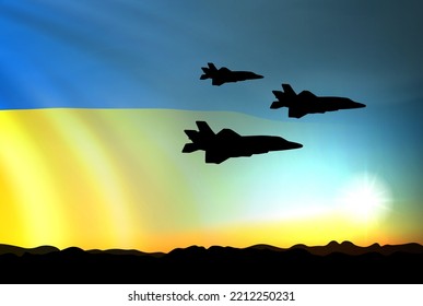 Siluetas de aviones al fondo de la puesta de sol con bandera ucraniana. Concepto de la fuerza aérea. Vector EPS10