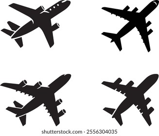 Aircraft silhouettes set collection in black color on a white background.