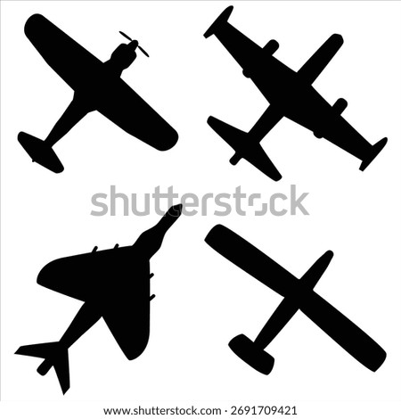 Aircraft Silhouettes Set - Propeller Plane, Jet, Aviation, Travel, and Flight Vector Icons
