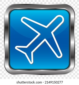 Aircraft simple icon vector. Flat design. Metal, blue square button. Transparent grid.ai