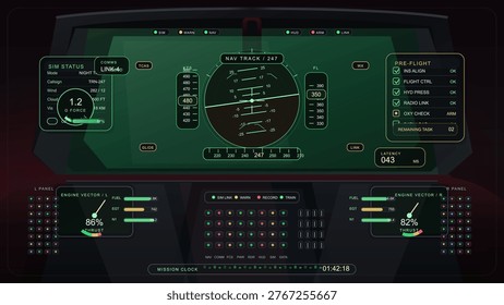 Aircraft simulator cockpit interface with navigation HUD, pre-flight checklist, engine vectors, and mission control panel