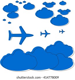 Aircraft in the sky. Cloud and plane on background. Vector illustration. 