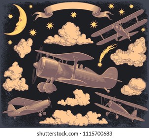 Aircraft in the sky. Design set. Hand drawn engraving. Editable vector vintage illustration. Isolated on dark background. 8 EPS