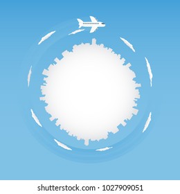 aircraft in the sky sun and building city, vector illustration