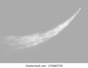 Aircraft smoke isolated on transparent background. Plane smoke rocket stream effect airplane jet cloud flight speed burst. Realistic airplane condensation trails. Vector illustration, eps 10.