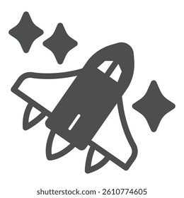 Aircraft and space sky stars solid icon, cosmos concept. Vector graphics. Space shuttle, spaceship flight sign on white background, glyph style icon for mobile or web design