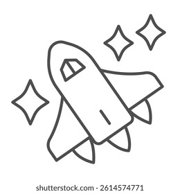 Aircraft and space sky stars thin line icon, cosmos concept. Vector graphics. Space shuttle, spaceship flight sign on white background, linear style icon for mobile or web design