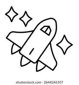 Aircraft and space sky stars thin line icon, cosmos concept. Vector graphics. Space shuttle, spaceship flight sign on white background, style mobile or design