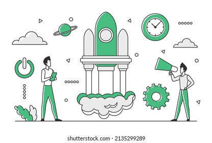 Aircraft spaceship launching start. Space exploration innovative rocket vector monocolor illustration