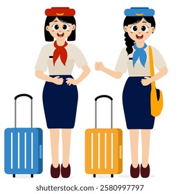 Aircraft staff. Air crew in uniforms pilots. Group of airport employees. Airline personnel vector concept. Air crew in uniforms pilots, stewardesses and flight attendants. Female and male characters 