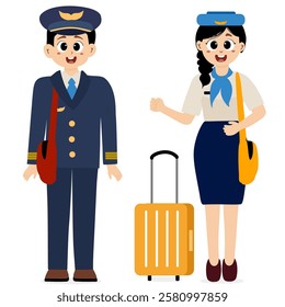 Aircraft staff. Air crew in uniforms pilots. Group of airport employees. Airline personnel vector concept. Air crew in uniforms pilots, stewardesses and flight attendants. Female and male characters 