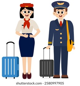 Aircraft staff. Air crew in uniforms pilots. Group of airport employees. Airline personnel vector concept. Air crew in uniforms pilots, stewardesses and flight attendants. Female and male characters 