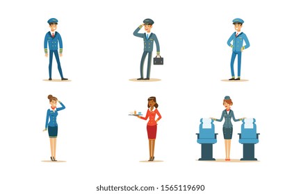 Aircraft Staff Characters. Stewardess Serving Drinks on the Plane Vector Illustrations Set