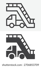 Línea de escaleras de avión y conjunto de iconos sólidos. Esquema e ícono sólido con un símbolo de Vector de trazo editable y un símbolo que muestra los pasos de embarque de pasajeros.
