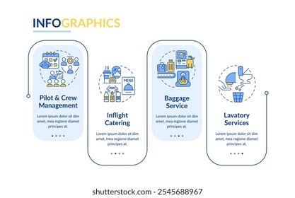 Aircraft support rectangle infographic vector. Flight food, customer service. Travelling, baggage. Data visualization with 4 steps. Editable rectangular options chart