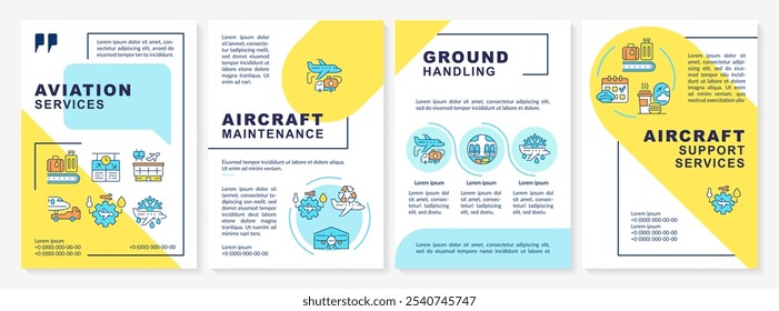 Aircraft support services blue and yellow brochure template. Leaflet design with linear icons. Editable 4 vector layouts for presentation, annual reports