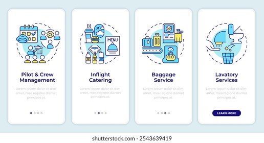 Aircraft support services onboarding mobile app screen. Walkthrough 4 steps editable graphic instructions with linear concepts. UI, UX, GUI template