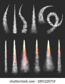 Aircraft swirl clouds. Aviation jet smoke spaceship steam vapour condensation smoke decent vector realistic illustrations