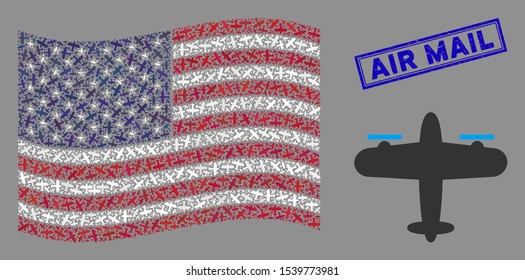 Aircraft symbols are grouped into USA flag collage with blue rectangle rubber stamp watermark of Air Mail caption. Vector collage of USA waving flag is designed from aircraft items.