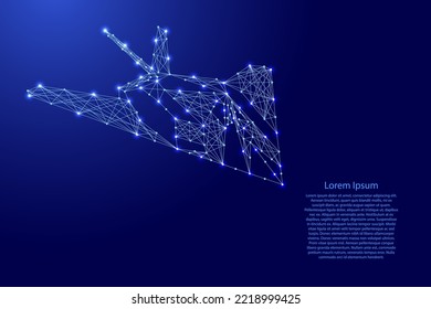 Aviones, cazadores tácticos de ataques sigilosos de futuristas líneas azules poligonales y brillantes estrellas para carteles, afiches, tarjetas de saludo. Concepto de polos bajos. Ilustración vectorial.