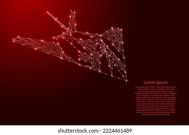 Aircraft, tactical attack fighter stealth from futuristic polygonal red lines and glowing stars for banner, poster, greeting card. Low poly concept. Vector illustration.