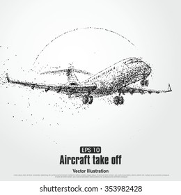 Aircraft take off,particle divergent composition, vector illustration.