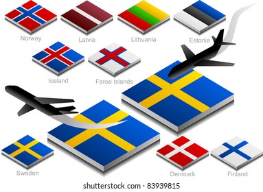 aircraft takeoff and landing on the button flag of northern europe countries
