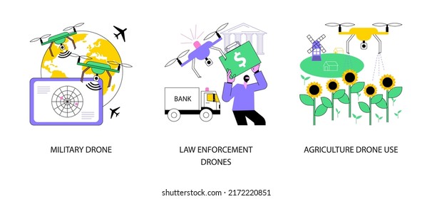 Aircraft Technology Abstract Concept Vector Illustration Set. Military Drone, Law Enforcement Surveillance, Agriculture Drone Use, Smart City IoT Tools, Farming And Irrigation Abstract Metaphor.