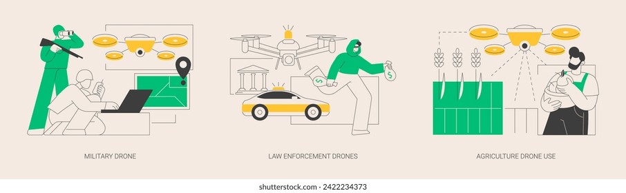 Aircraft technology abstract concept vector illustration set. Military drone, law enforcement surveillance, technology in agriculture, smart city, crops spraying, remote pilot abstract metaphor.