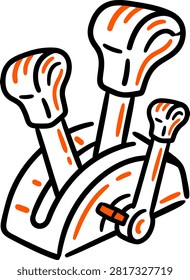 Aircraft throttle lever console icon with three levers and orange accents in black and orange minimalist hand drawn line art style