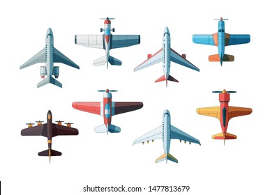 Aircraft top view. Civil and military airplanes collection in flat style vector pictures