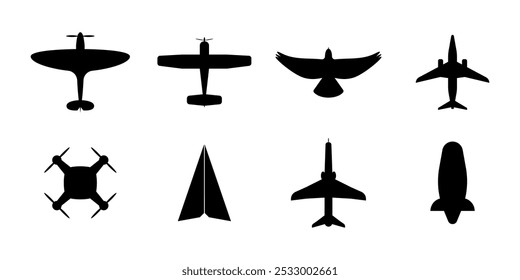 Aircraft top view icon set. Set of black silhouette airplanes, paper plane, drone,  dirigible, etc.